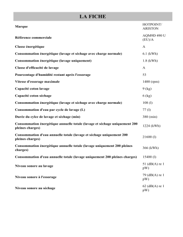 Product information | HOTPOINT/ARISTON AQM9D 490 U (EU)/A Washer dryer Manuel utilisateur | Fixfr