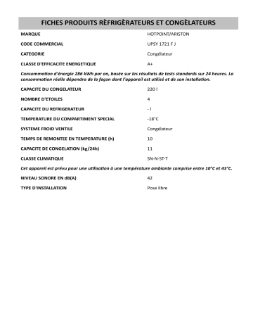 Product information | HOTPOINT/ARISTON UPSY 1721 F J Freezer Manuel utilisateur | Fixfr