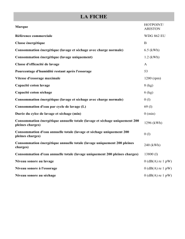 Product information | HOTPOINT/ARISTON WDG 862 EU Washer dryer Manuel utilisateur | Fixfr