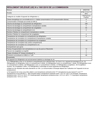 Product information | Ariston ETM 17110 T F (EX) Fridge/freezer combination Manuel utilisateur | Fixfr