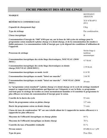 Product information | HOTPOINT/ARISTON TCF 87B 6PY1 (EU) Dryer Manuel utilisateur | Fixfr