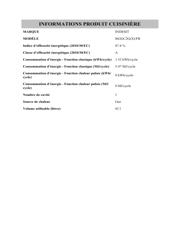 Product information | Indesit I6GGC2G(X)/FR Cooker Manuel utilisateur | Fixfr