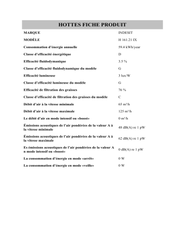 Product information | Indesit H 161.21 IX Hood Manuel utilisateur | Fixfr