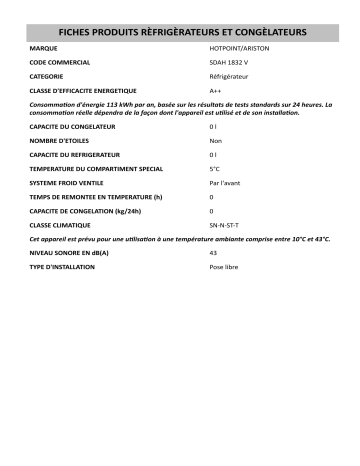 Product information | HOTPOINT/ARISTON SDAH 1832 V Refrigerator Manuel utilisateur | Fixfr