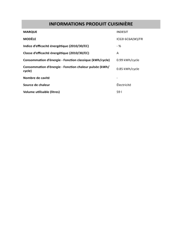 Product information | Indesit IC63I 6C6A(W)/FR Cooker Manuel utilisateur | Fixfr