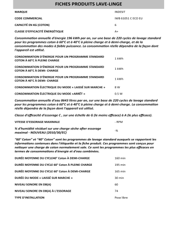 Product information | Whirlpool IWB 61051 C ECO EU Manuel utilisateur | Fixfr