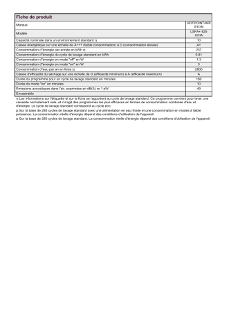 Product information | HOTPOINT/ARISTON LSFA+ 825 X/HA Dishwasher Manuel utilisateur | Fixfr