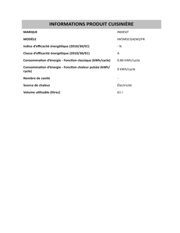 Product information | Indesit IW5MSCGA(W)/FR Cooker Manuel utilisateur | Fixfr