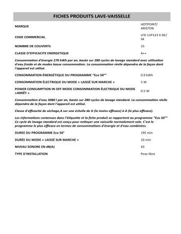 Product information | HOTPOINT/ARISTON LFD 11P123 X DE/SK Dishwasher Manuel utilisateur | Fixfr