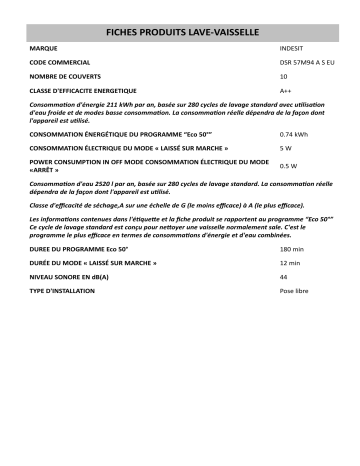 Product information | Indesit DSR 57M94 A S EU Dishwasher Manuel utilisateur | Fixfr