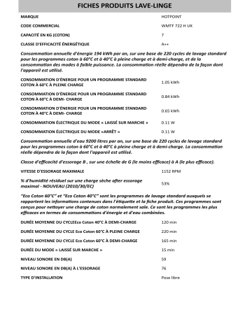 Product information | Whirlpool WMTF 722 H UK Manuel utilisateur | Fixfr