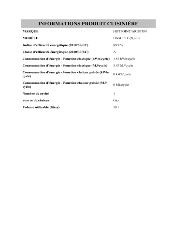 Product information | HOTPOINT/ARISTON H6GGC1E (X) /FR Cooker Manuel utilisateur | Fixfr