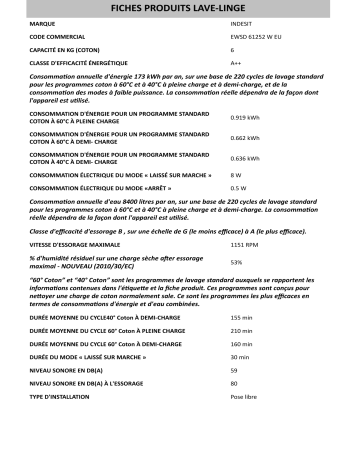 Product information | Whirlpool EWSD 61252 W EU Manuel utilisateur | Fixfr