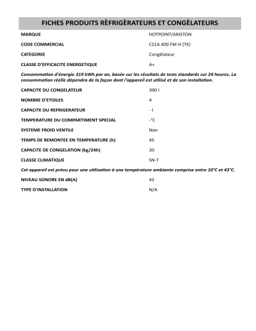 Product information | HOTPOINT/ARISTON CS1A 400 FM H (TK) Freezer Manuel utilisateur | Fixfr