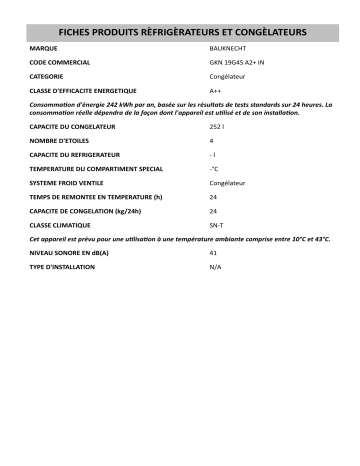 Product information | Bauknecht GKN 19G4S A2+ IN Freezer Manuel utilisateur | Fixfr