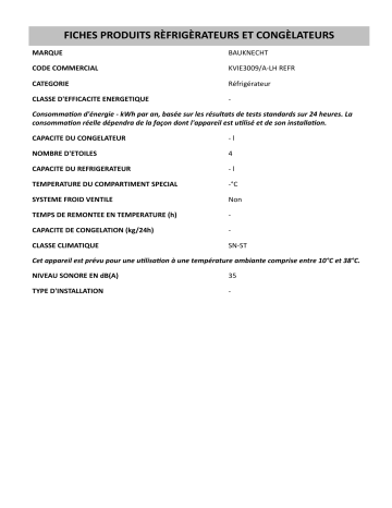 KVIE3009/A-LH     REFR | Product information | Bauknecht KVIE3009/A-LH REFR Refrigerator Manuel utilisateur | Fixfr