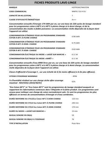 Product information | Whirlpool WMTG 723 H EU Manuel utilisateur | Fixfr