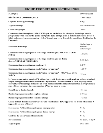 Product information | Whirlpool TRPC 98530 Manuel utilisateur | Fixfr