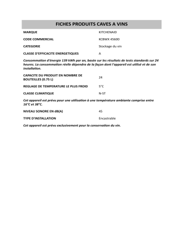 Product information | Whirlpool KCBWX 45600 Manuel utilisateur | Fixfr