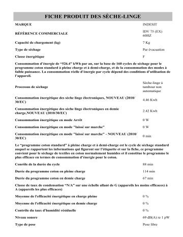 Product information | Indesit IDV 75 (EX) 60Hz Dryer Manuel utilisateur | Fixfr