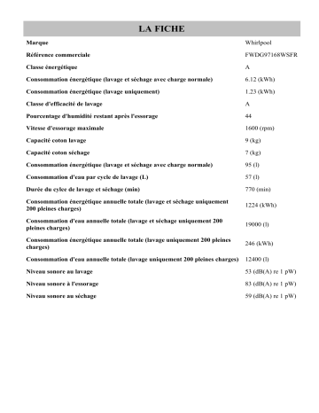 Product information | Whirlpool FWDG97168WSFR Manuel utilisateur | Fixfr