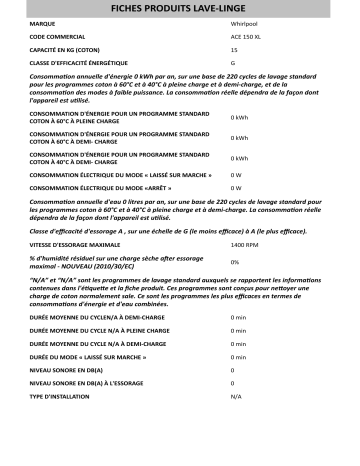 Product information | Whirlpool ACE 150 XL Manuel utilisateur | Fixfr