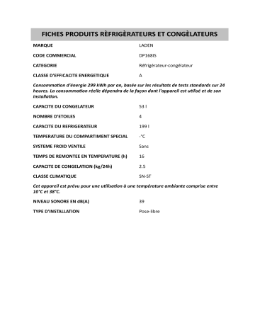 Product information | LADEN DP168IS Fridge/freezer combination Manuel utilisateur | Fixfr