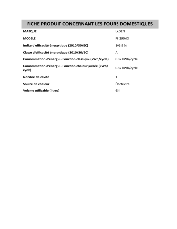 Product information | LADEN FP 290/IX Oven Manuel utilisateur | Fixfr