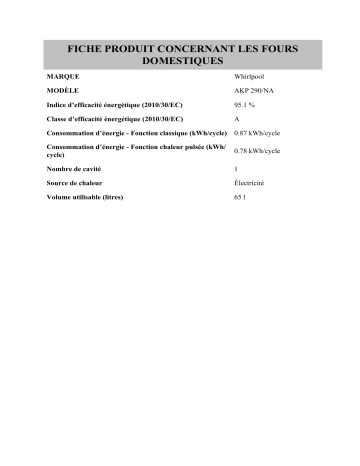 Product information | Whirlpool AKP 290/NA Oven Manuel utilisateur | Fixfr