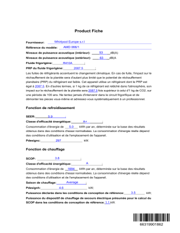 Product information | Whirlpool AMD 066/1 Air Conditioner Manuel utilisateur | Fixfr