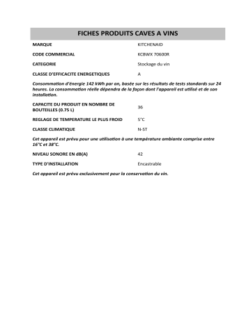Product information | Whirlpool KCBWX 70600R Manuel utilisateur | Fixfr