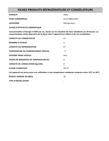 Product information | Atag KS2178BUU/A01 Refrigerator Manuel utilisateur | Fixfr