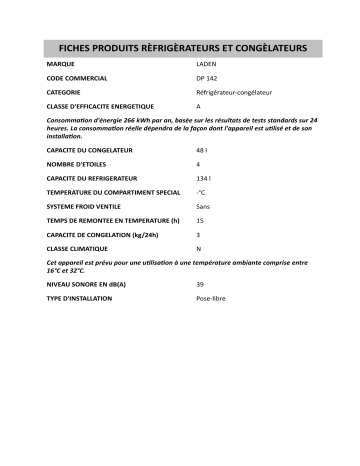 Product information | LADEN DP 142 Fridge/freezer combination Manuel utilisateur | Fixfr