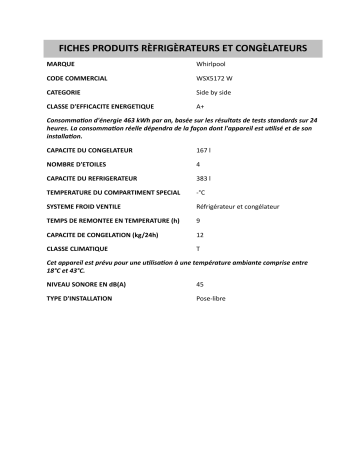 Product information | Whirlpool WSX5172 W Side-by-Side Manuel utilisateur | Fixfr