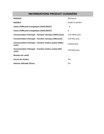 Product information | Whirlpool ACMK 5110/WH Cooker Manuel utilisateur | Fixfr