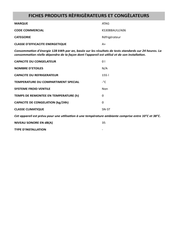 Product information | Atag KS3088AUU/A06 Refrigerator Manuel utilisateur | Fixfr