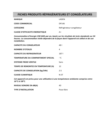 Product information | LADEN DP146 Fridge/freezer combination Manuel utilisateur | Fixfr