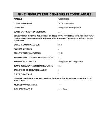 Product information | Whirlpool WTS4135 A+NFW Fridge/freezer combination Manuel utilisateur | Fixfr