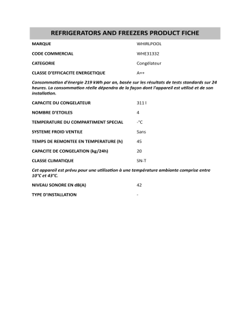 Product information | Whirlpool WHE31332 Freezer Manuel utilisateur | Fixfr