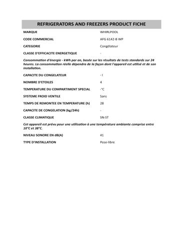 AFG 6142-B          WP | Product information | Whirlpool AFG 6142-B WP Freezer Manuel utilisateur | Fixfr