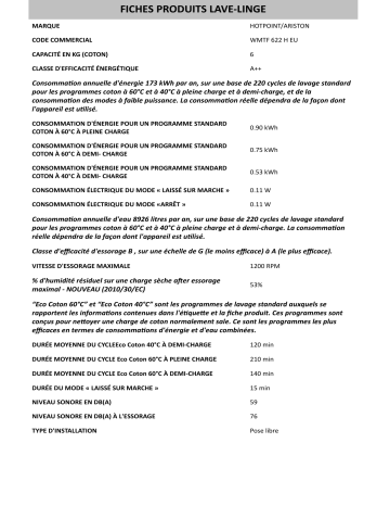 Product information | Whirlpool WMTF 622 H EU Manuel utilisateur | Fixfr