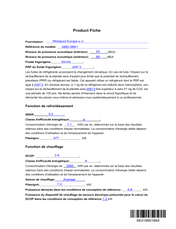 Product information | Whirlpool AMD 068/1 Air Conditioner Manuel utilisateur | Fixfr