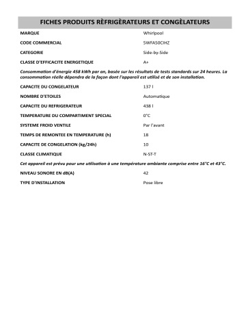 Product information | Whirlpool 5WFA50CIHZ Side-by-Side Manuel utilisateur | Fixfr