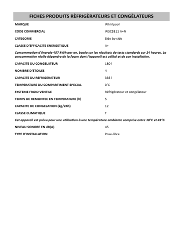 Product information | Whirlpool WSC5311 A+N Side-by-Side Manuel utilisateur | Fixfr