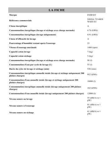 Product information | Indesit XWDA 751480X WSSS EU Washer dryer Manuel utilisateur | Fixfr