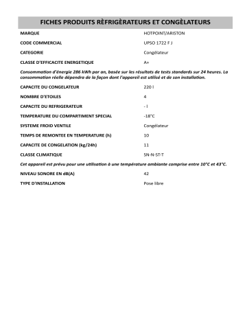 Product information | HOTPOINT/ARISTON UPSO 1722 F J Freezer Manuel utilisateur | Fixfr