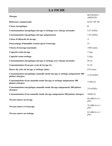 Product information | HOTPOINT/ARISTON HAD 74F FR Washer dryer Manuel utilisateur | Fixfr