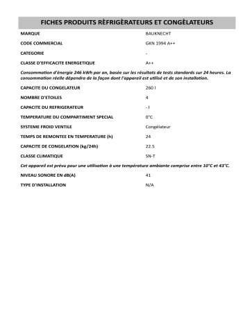 GKN  1994 A++ | Product information | Bauknecht GKN 1994 A++ Freezer Manuel utilisateur | Fixfr