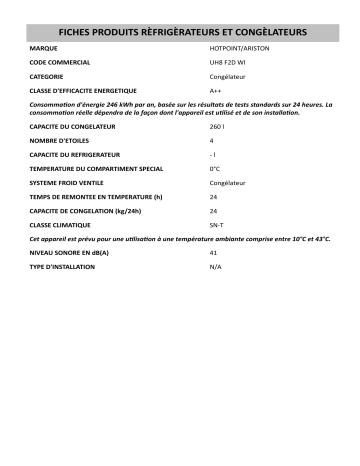 Product information | HOTPOINT/ARISTON UH8 F2D WI Freezer Manuel utilisateur | Fixfr