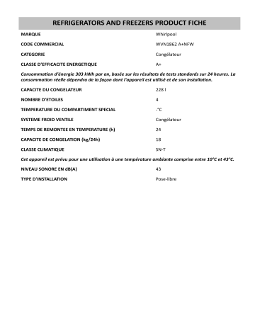 Product information | Whirlpool WVN1862 A+NFW Freezer Manuel utilisateur | Fixfr